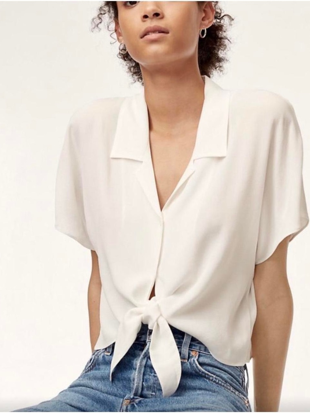 White Tie-Front Short Sleeve Blouse